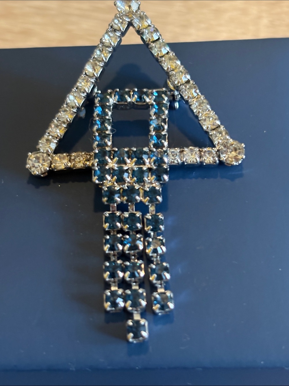 Vintage geometric, rhinestone, brooch, silver tone